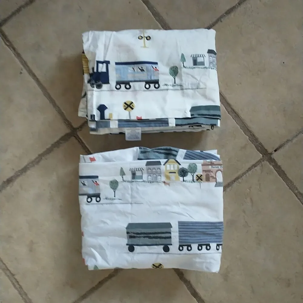 Pottery Barn Kids Crib Sheet Set Train Novelty Baby Boy 100%Organic Cotton